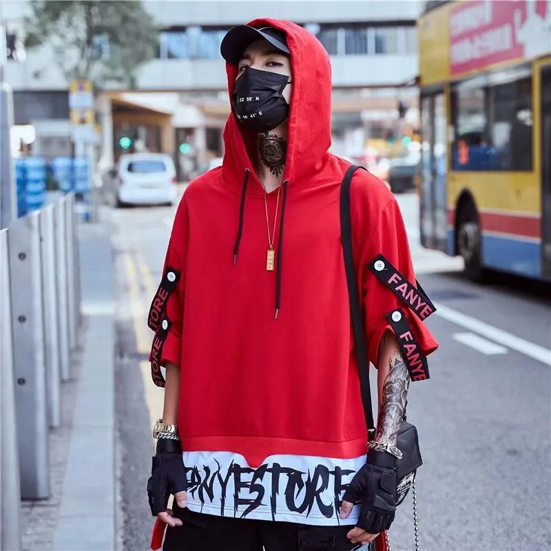 Autumn Men's Casual Hoodie Sweatshirt Techwear Hip Hop Harajuku Style with Ribbons Patchwork Japanese Streetwear Darkwear