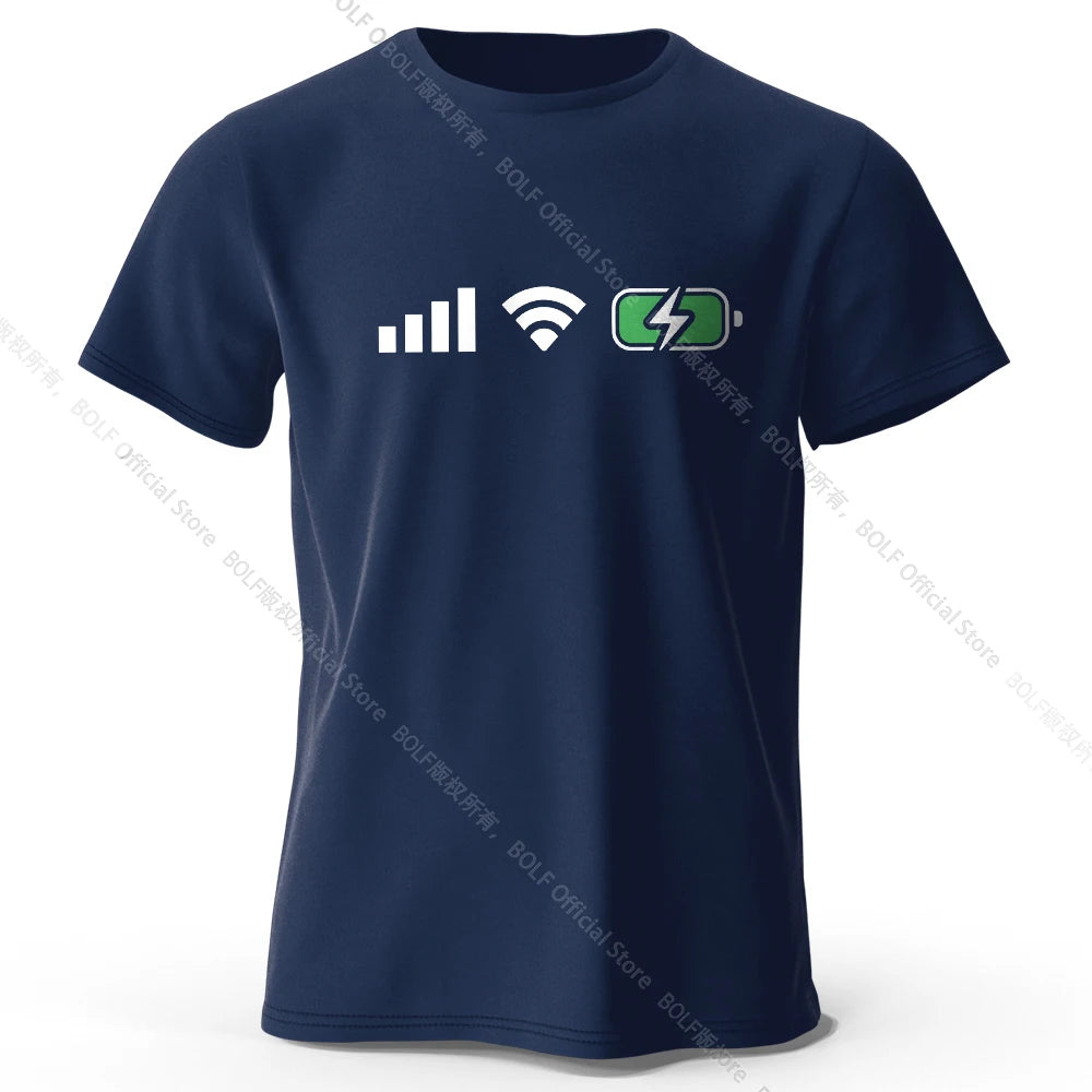 Signal WiFi Battery Printed T-Shirt 100% Cotton Oversized Tech Graphic Tees for Men Women Summer Tops Digital Streetwear