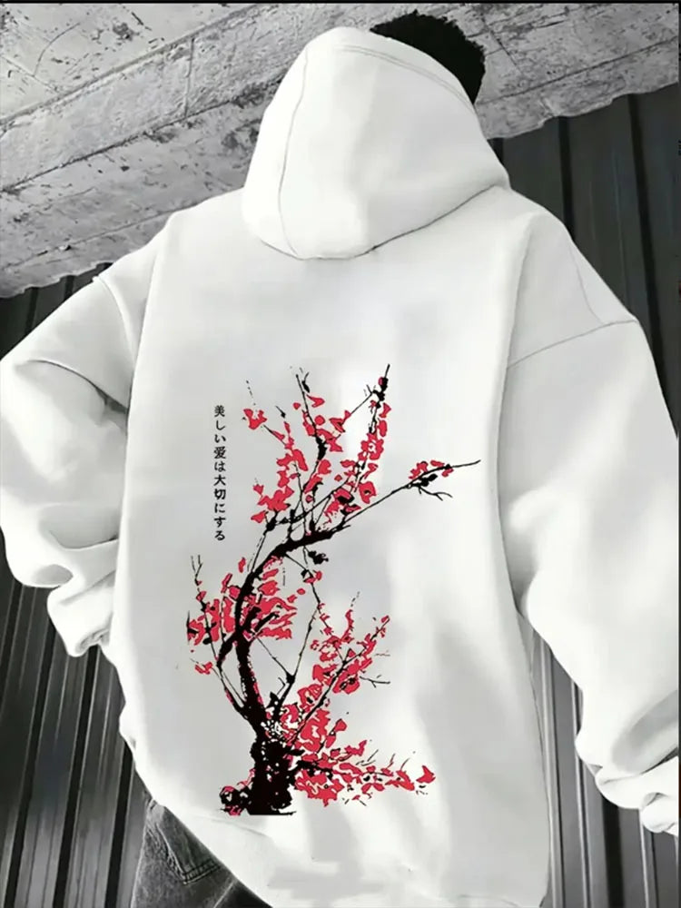 Japan Harajuku Plum Blossom Men Hoodie Sports Casual Fashion POP Y2K Fleeces Autumn Winter Long Sleeve Sweatshirt Top Clothing