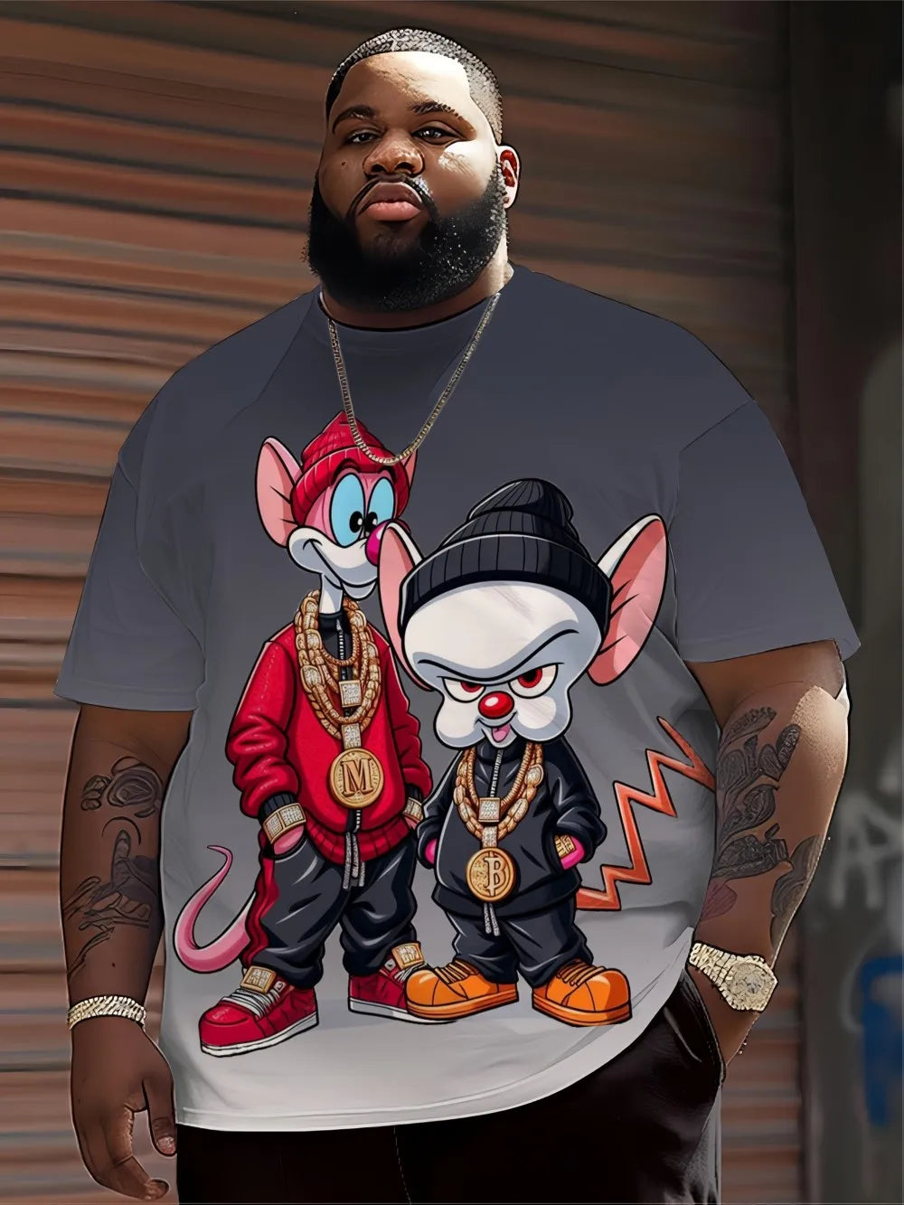 Men's Hip Hop Cartoon Animal Printed Round Neck T-shirt 100% Polyester Fabric Summer Street Top Suitable for Daily Wearing