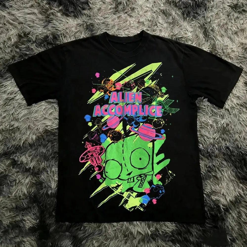 Summer 2026 New Invader Zim Cartoon Print Tee High Quality Y2k Stylish Casual Breathable Men's Crew Neck Print Tee