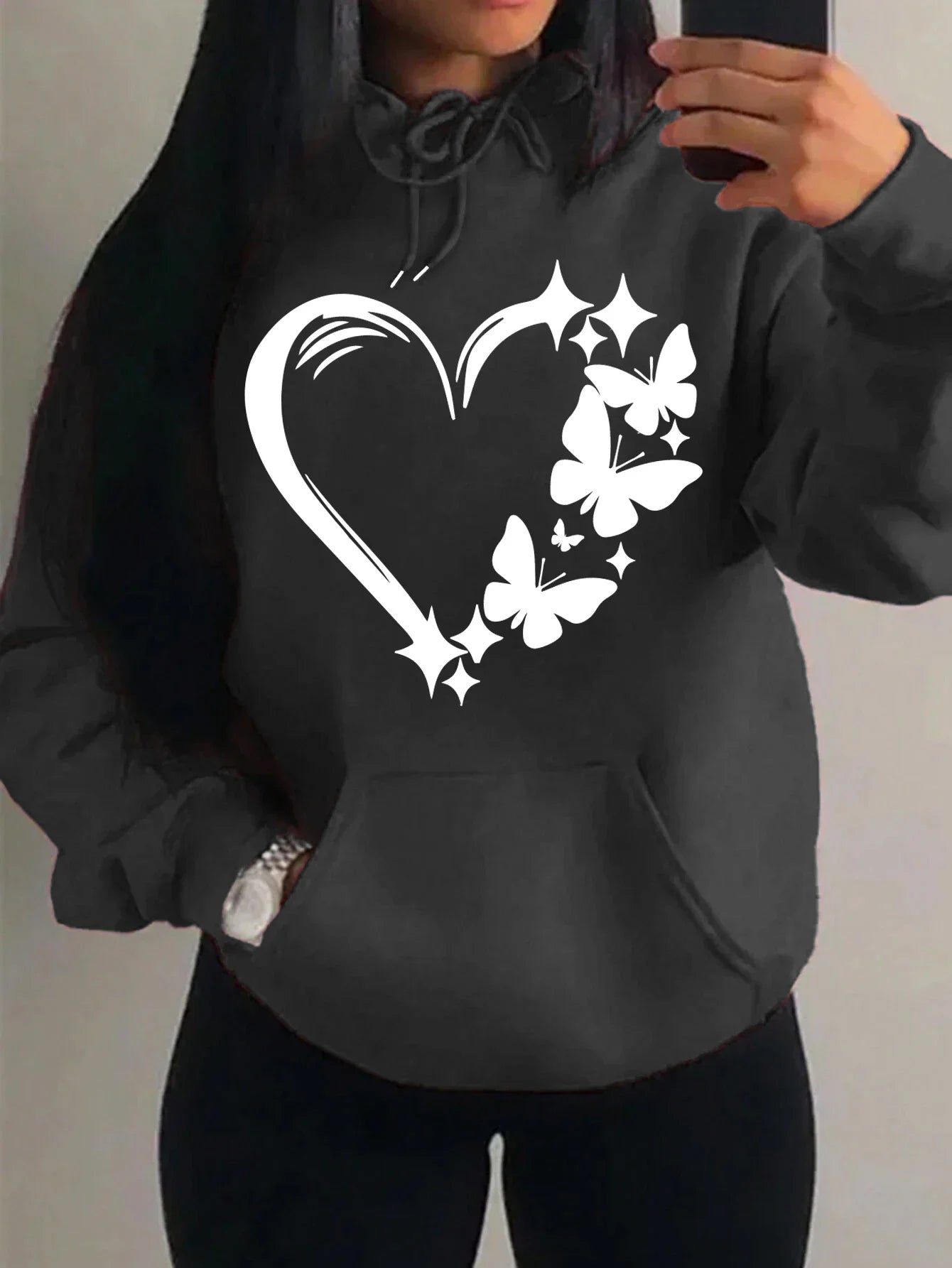 Women's Love and Butterfly Pattern Hoodie Hip Hop Street Fashion Pocket Clothes Retro Multi Color Hoodie