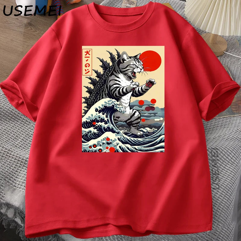 Catzilla Cat Japanese Funny T-shirt for Men Women Vintage Cartoon Print Casual Comfortable Round Neck Short Sleeved T-shirt Top
