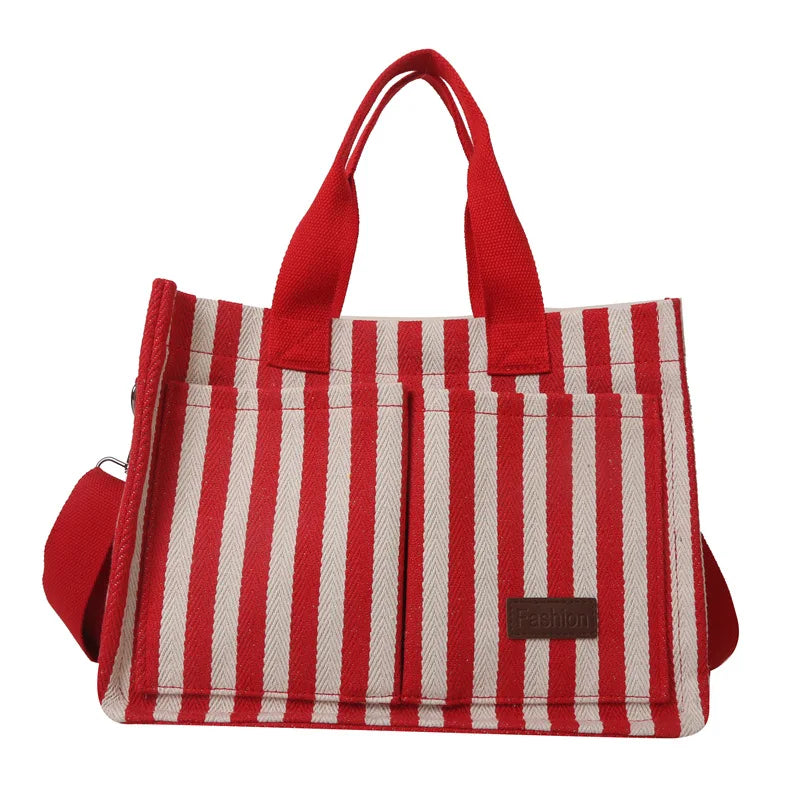 Cool Street Handbag, Large Capacity Women's Shoulder Bag, Trendy Striped Canvas Crossbody Bag, Fashion Travel Shopping Tote Bag