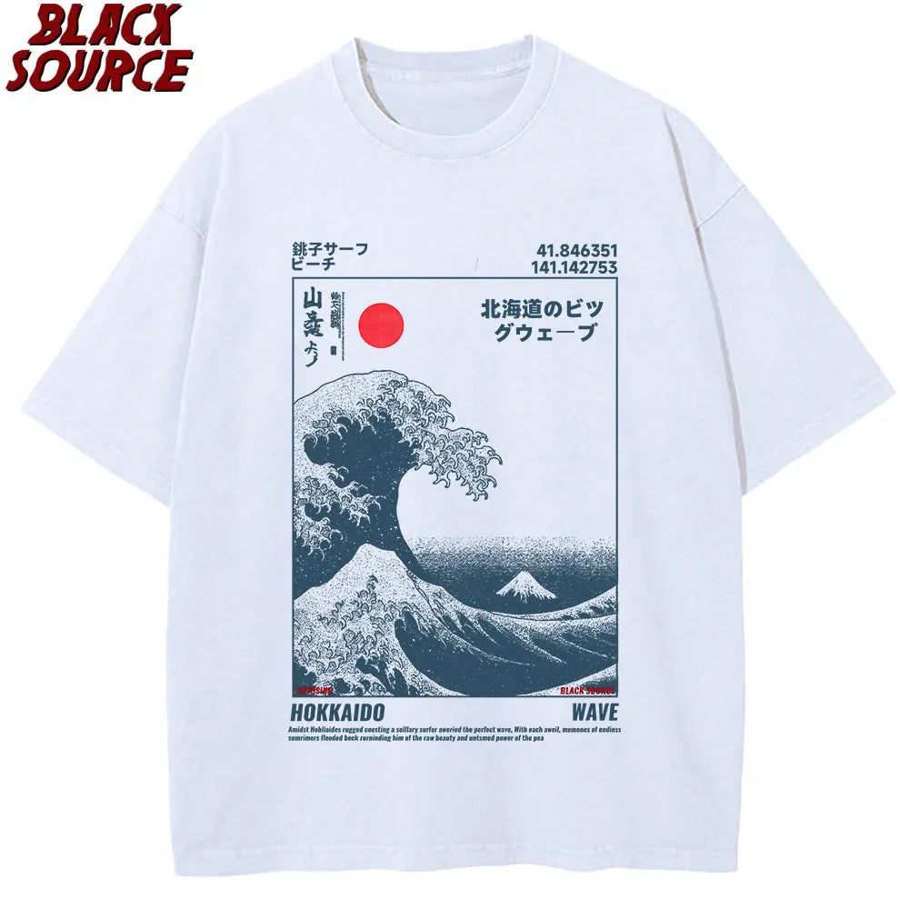 T416 Japanese Style Hokkaido Wave Vintage T-shirt Men Women Harajuku Fashion High Quality T Shirts Oversized Cotton Summer Tee