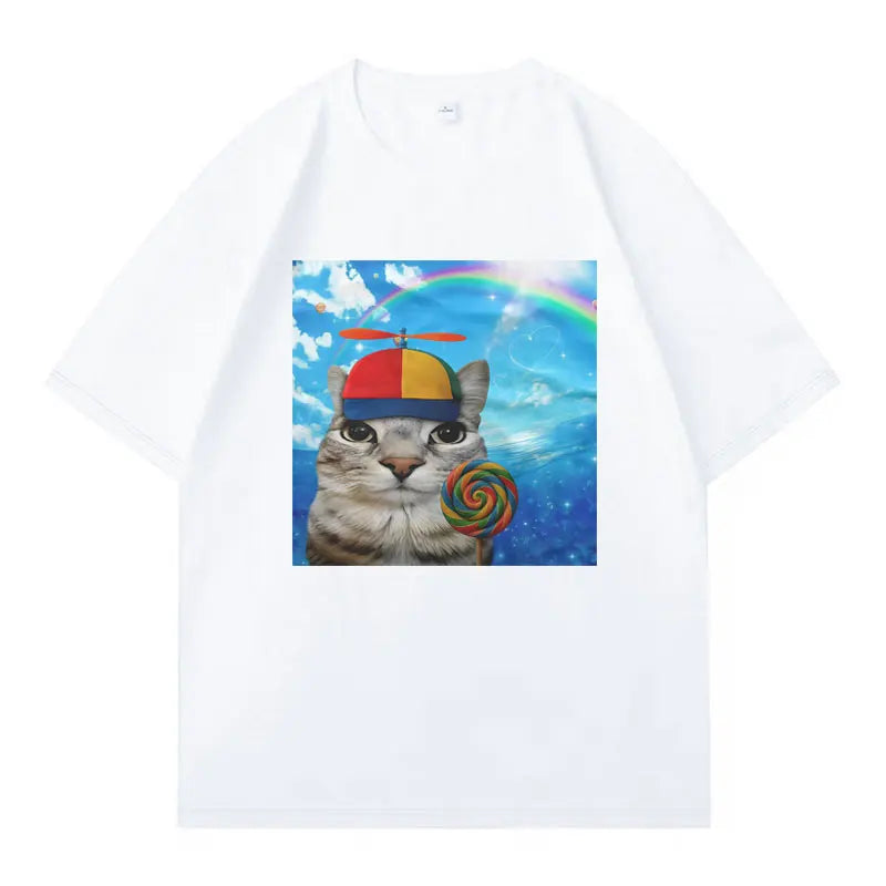 Greetings Huzz T-shirt Silly Cat Meme Printed Summer Hip Hop Women Crewneck Shortsleeve Casual Y2k Tshirt Clothing