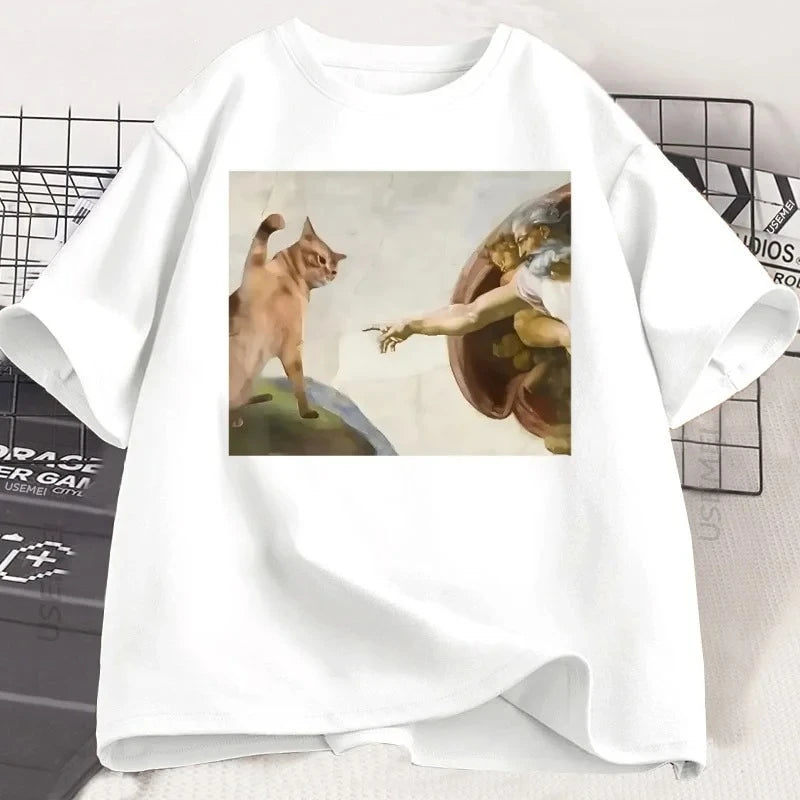 Funny Cat God Creation of Adam Meme T-Shirt Men Women Casuals Short Sleeve Jesus T Shirt O-Neck Tshirt Vintage Tees Harajuku