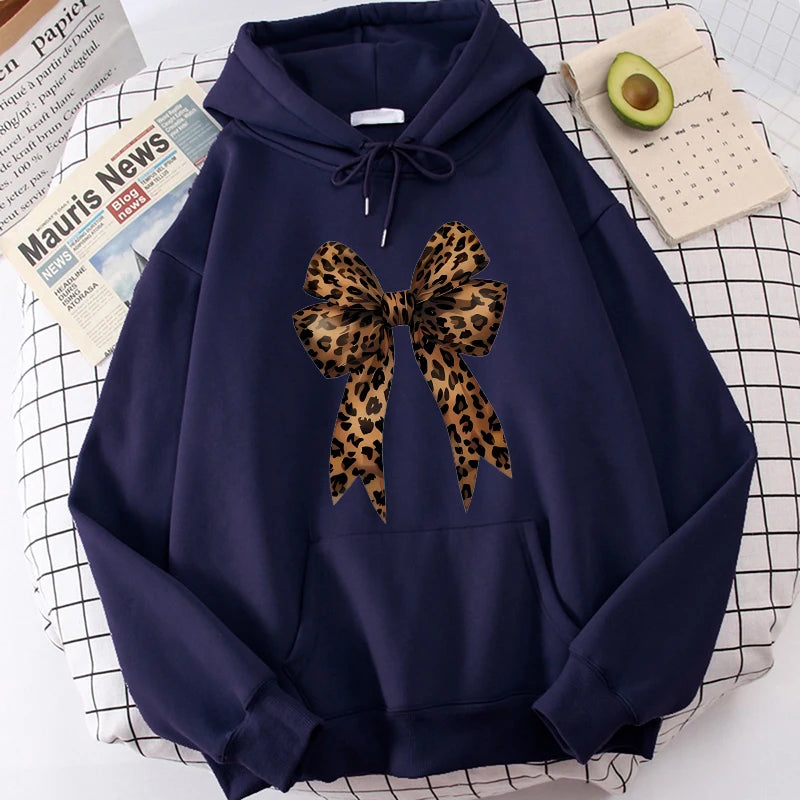 Bow Heart Love Leopard Print Hoodies Long Sleeve Funny Sweatshirts Streetwear Women's Casual Graphic Hooded Pullovers Clothes