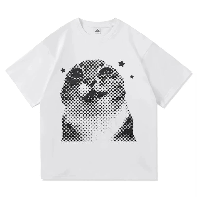 Y2k Funny Cat Meme T Shirt Clothing Harajuku Tops O-neck Short SleeveTshirts Girl Harajuku Anime Cartoon Cat Female Summer Tops
