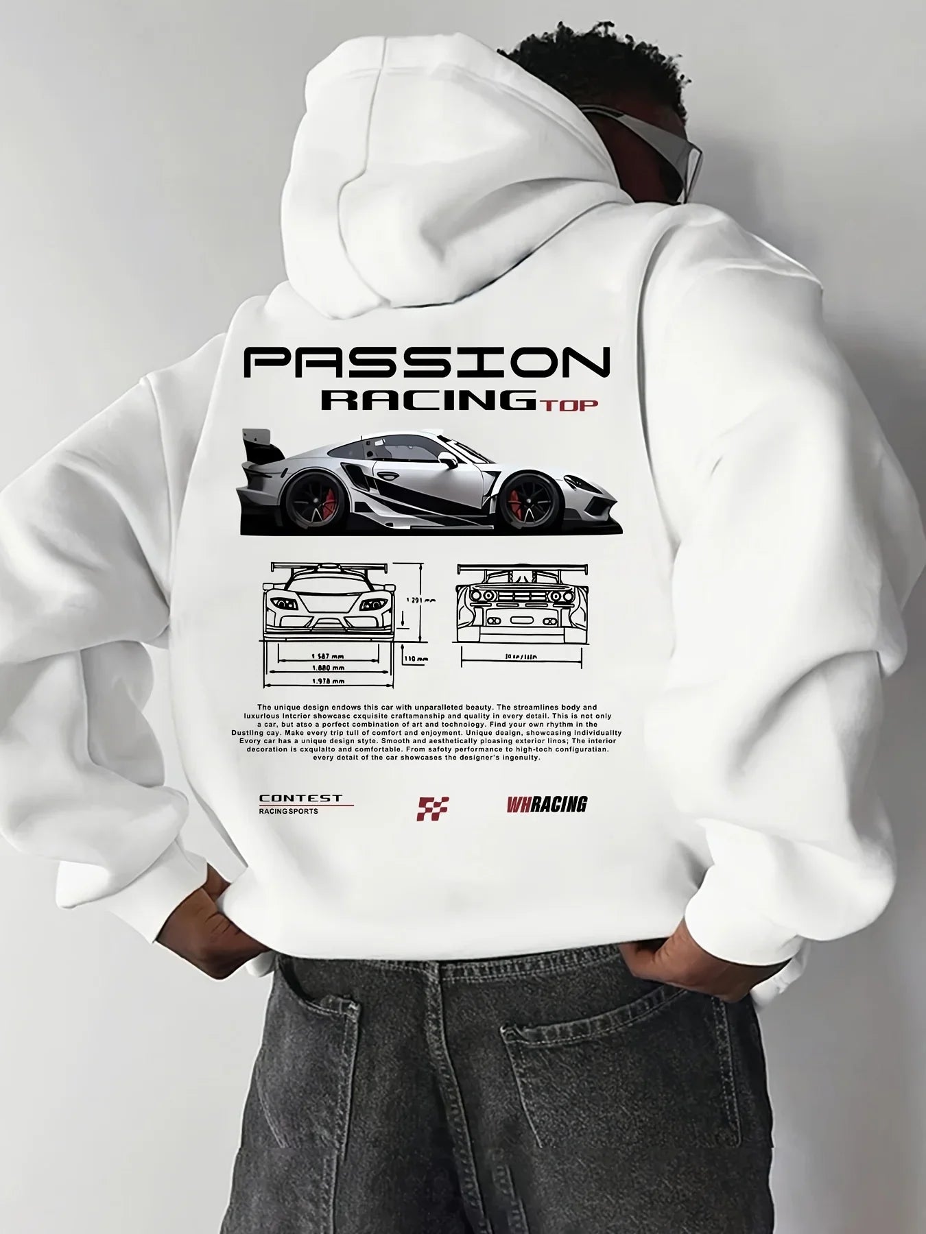 Popular digital pattern men's hooded sweatshirt with car-themed design, American-style casual sports long-sleeved shirt