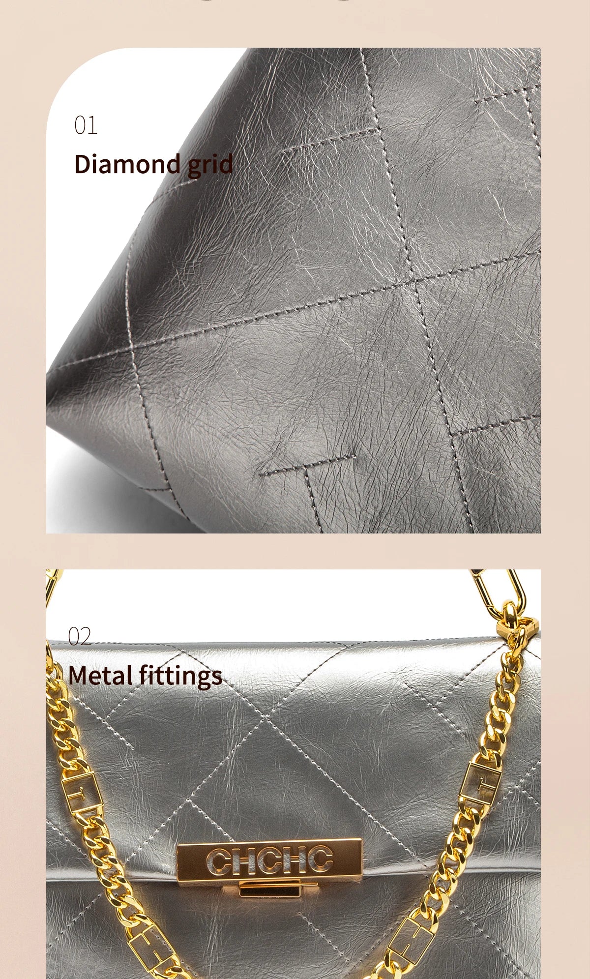 CHCH Women's Tote Bag 2026 Spring/Summer New Single Shoulder Bag Simple Black Diamond Grid Pattern Handbag