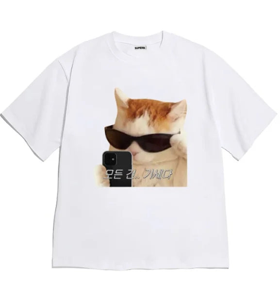 Neutral Style Cool Cat Selfie T Shirt Korean Text Meme Print Short Sleeve O Neck Soft Washable Tops Funny Streetwear