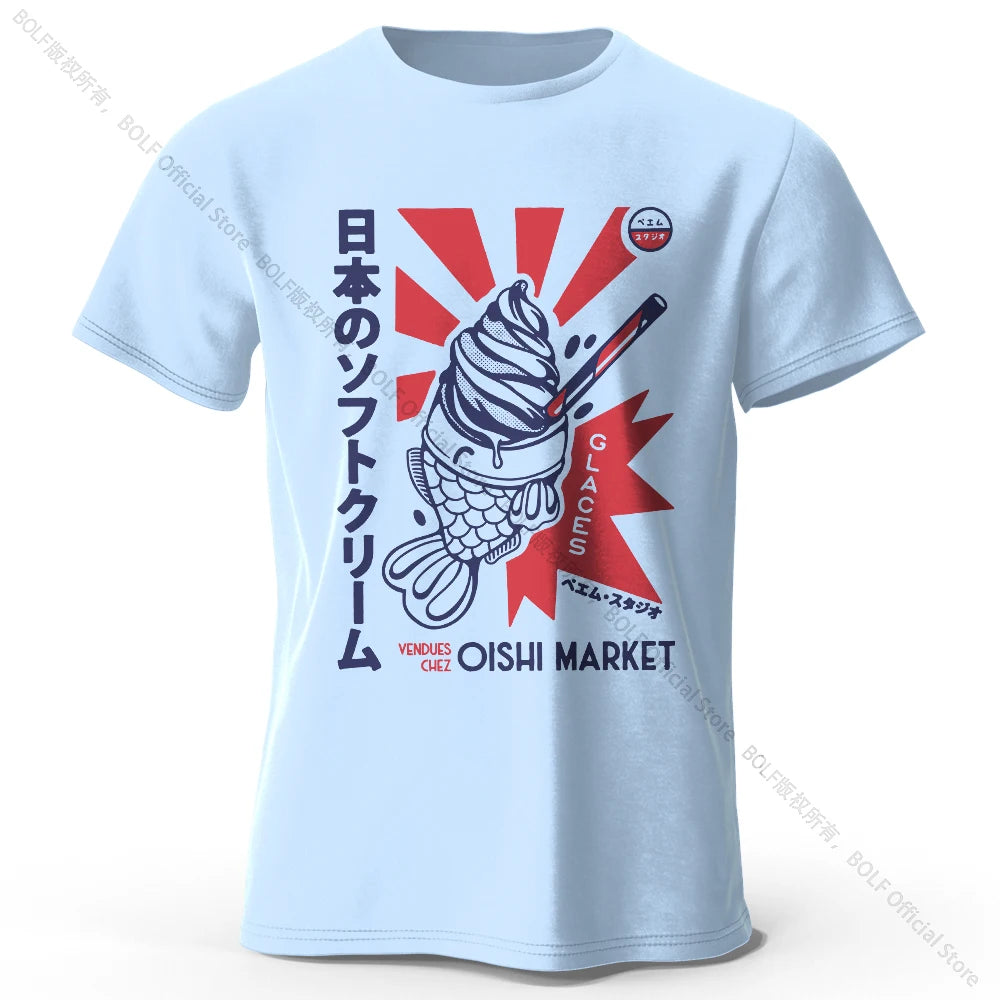 Japanese Foodie Print 100% Cotton T-Shirt, Soft & Breathable Round Neck Short Sleeve Tee, Unisex Cute & Cultural Style