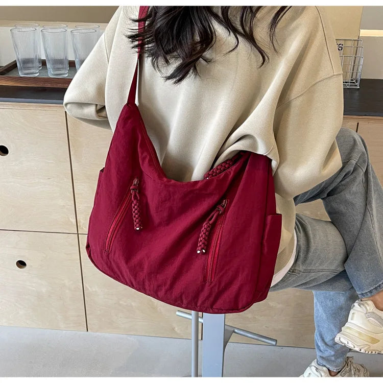 Summer Women Solid Color Shoulder Bag Fashion Lightweight Versatile Travel Crossbody Bag Commuter Nylon Large Capacity Hobo Bag