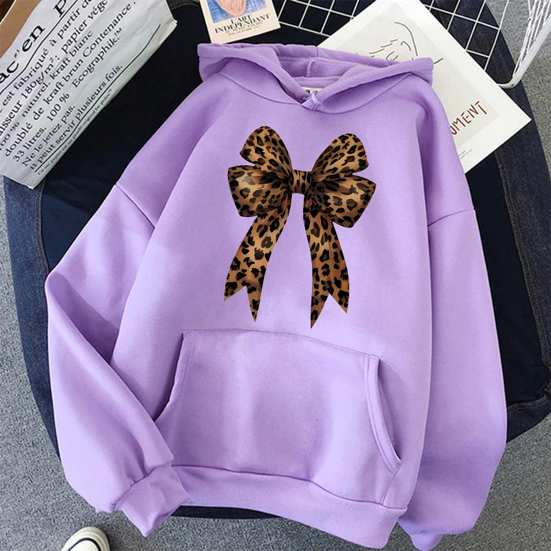 Bow Heart Love Leopard Print Hoodies Long Sleeve Funny Sweatshirts Streetwear Women's Casual Graphic Hooded Pullovers Clothes
