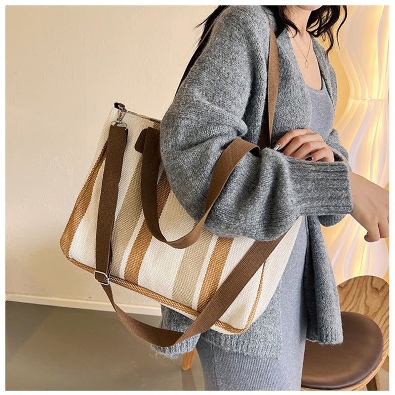 Large Tote Bag for women's Striped Crossbody Canvas Bag 2023 New Trendy Versatile Class Commuting Shoulder Bag