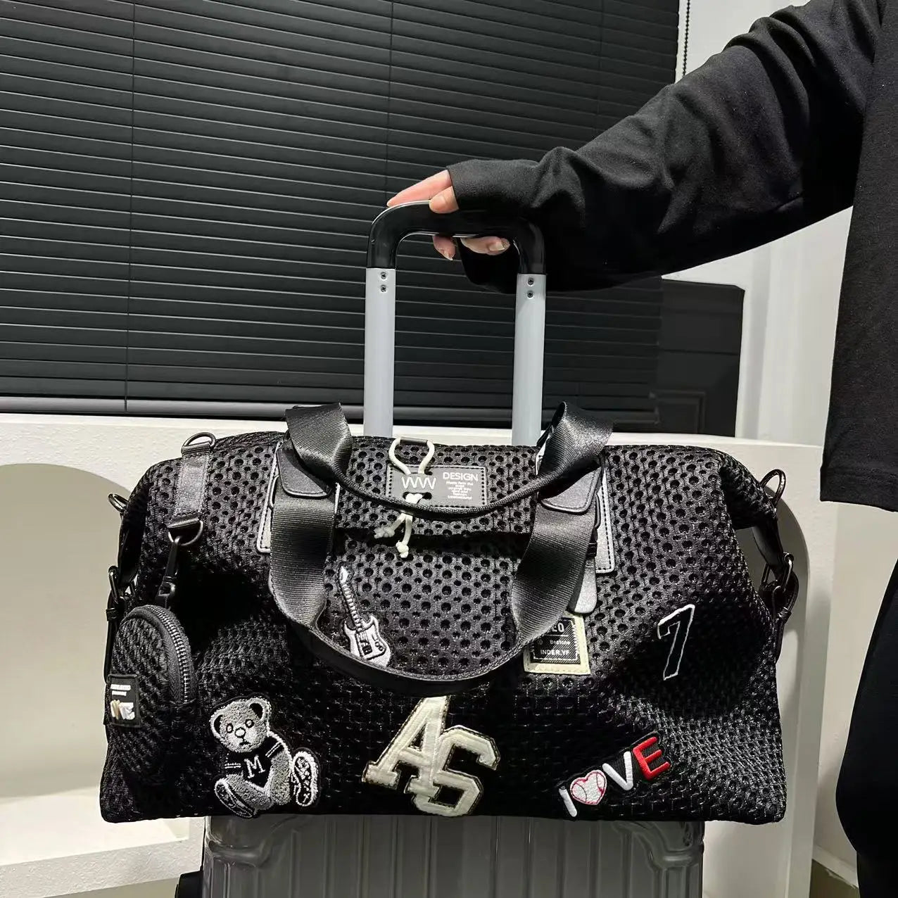 Fashionable women's mesh nylon adhesive tote bag, large capacity splicing shoulder bag, short distance travel casual handbag