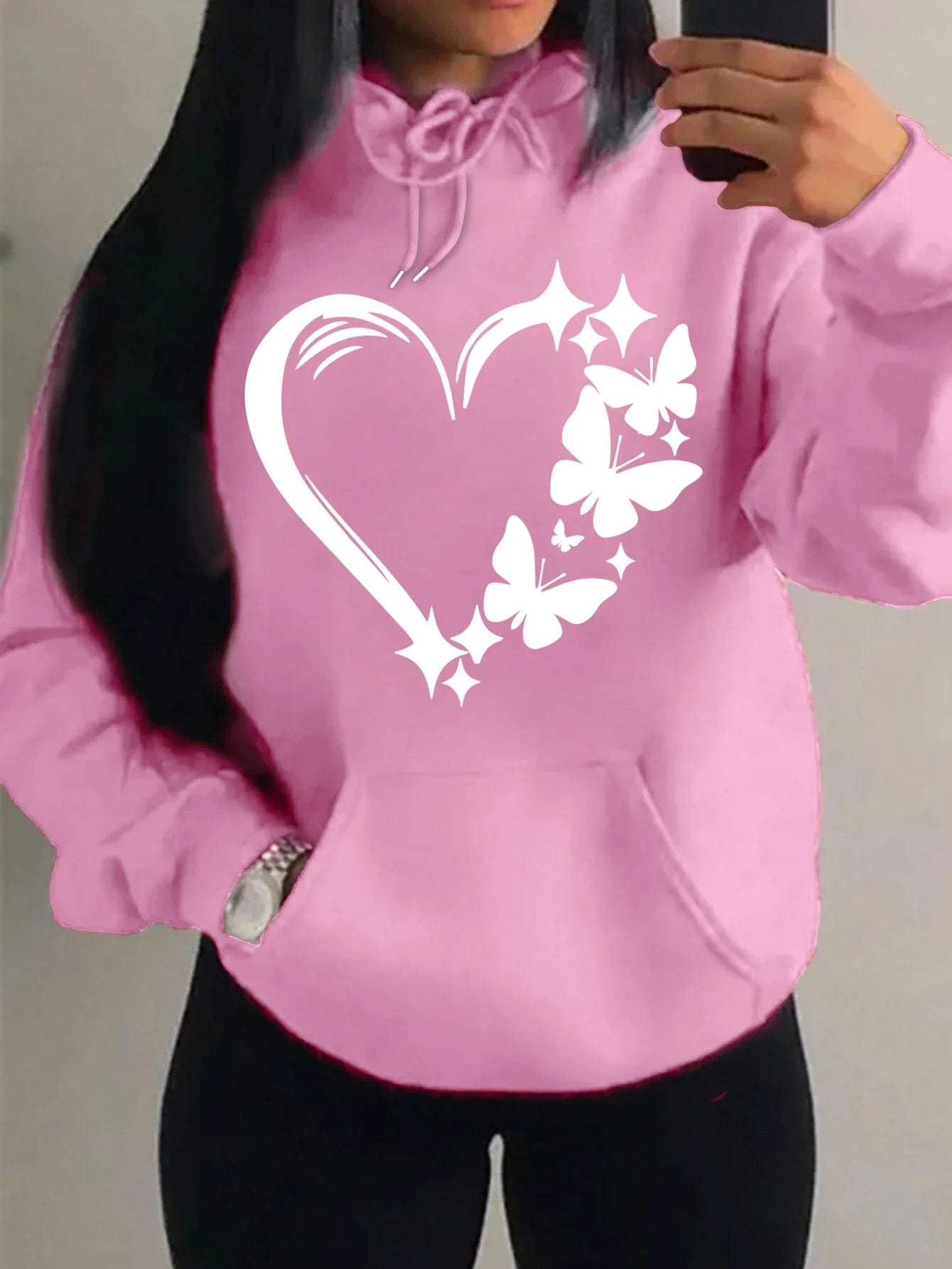 Women's Love and Butterfly Pattern Hoodie Hip Hop Street Fashion Pocket Clothes Retro Multi Color Hoodie