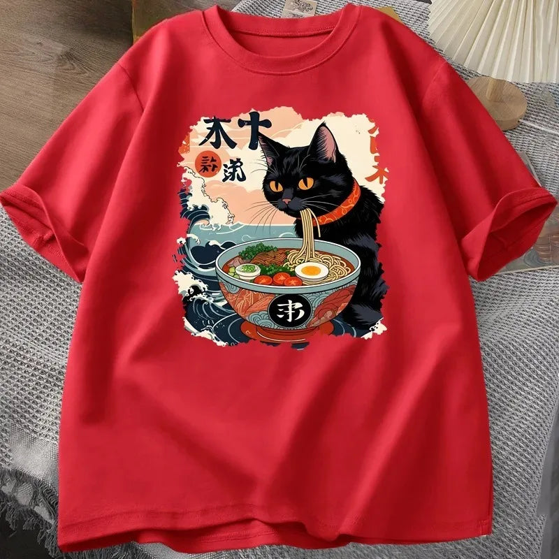 Kawaii Cat Anime Tshirt Ramen Japanese Funny Graphic Tee Kawaii Noodle Cat Tee Shirt Women Short Sleeve T-shirt Harajuku Clothes