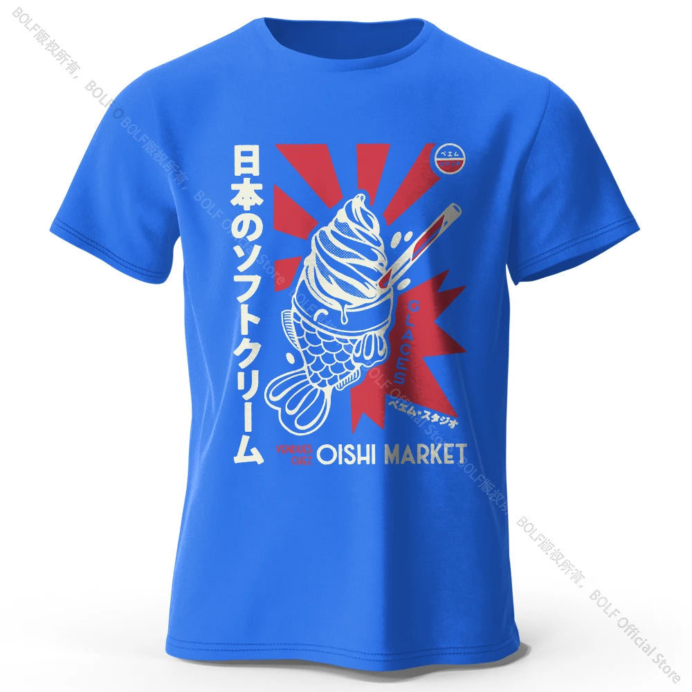 Japanese Foodie Print 100% Cotton T-Shirt, Soft & Breathable Round Neck Short Sleeve Tee, Unisex Cute & Cultural Style