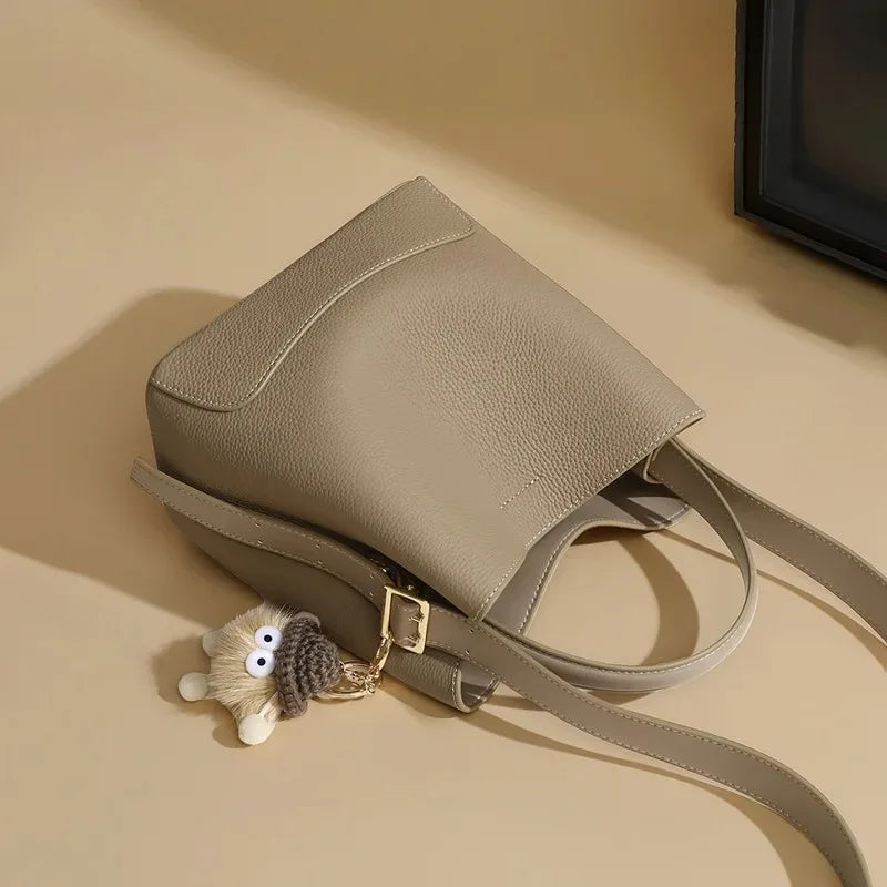 2026 New CEEKAY Khaki Leather Bucket Bag Minimalist Shoulder Bag with Cute Plush Pendant Casual Handbag for Women Bags for Women