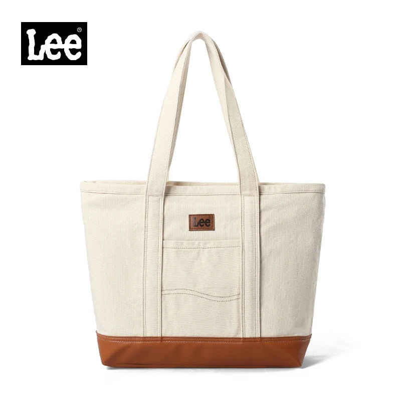 LEE Unisex Utility Canvas Leather Zipper Tote Bag Casual Denim Daily Shopping Handbag Women Man Durable Student School Book Bag