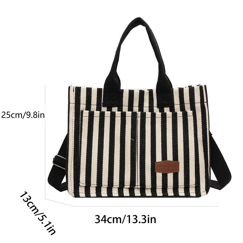 Cool Street Handbag, Large Capacity Women's Shoulder Bag, Trendy Striped Canvas Crossbody Bag, Fashion Travel Shopping Tote Bag