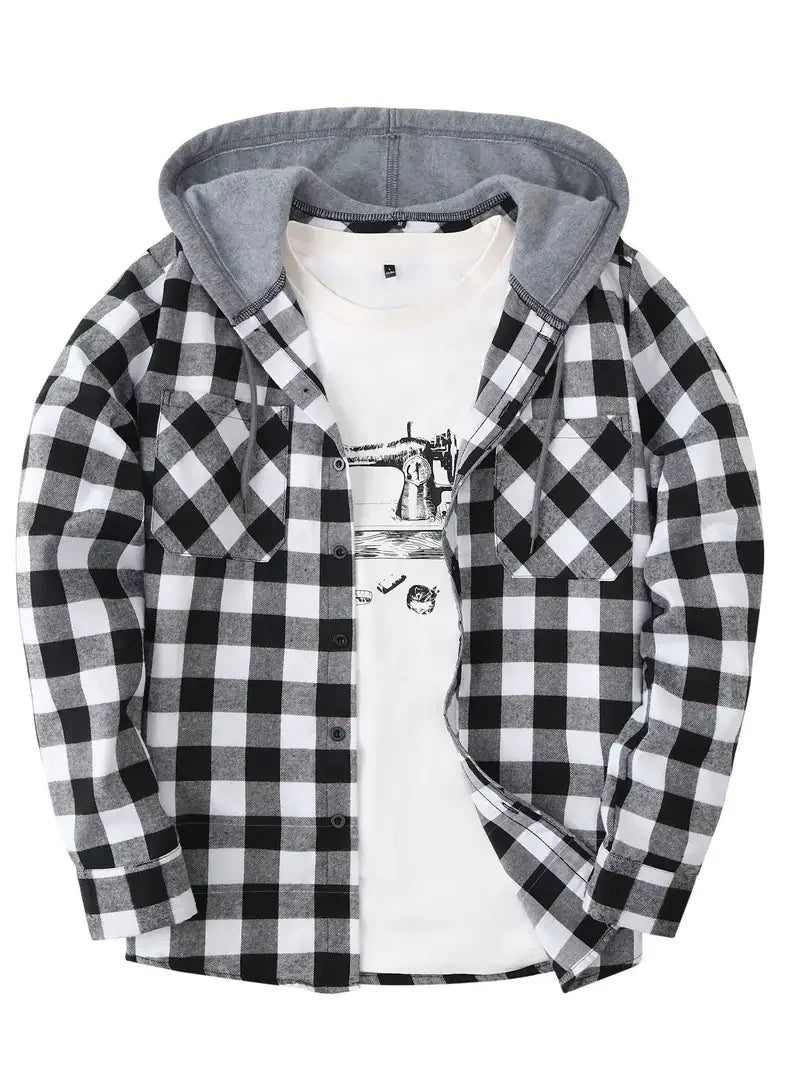 Men's Plaid Flannel Hooded Shirt, Long Sleeve Button Down Hoodie Jacket with Chest Pockets Casual Streetwear Tops