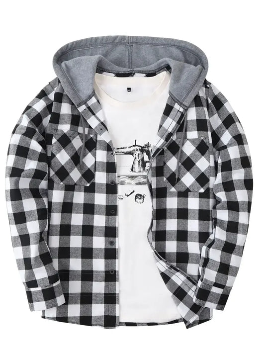 Men's Plaid Flannel Hooded Shirt, Long Sleeve Button Down Hoodie Jacket with Chest Pockets Casual Streetwear Tops