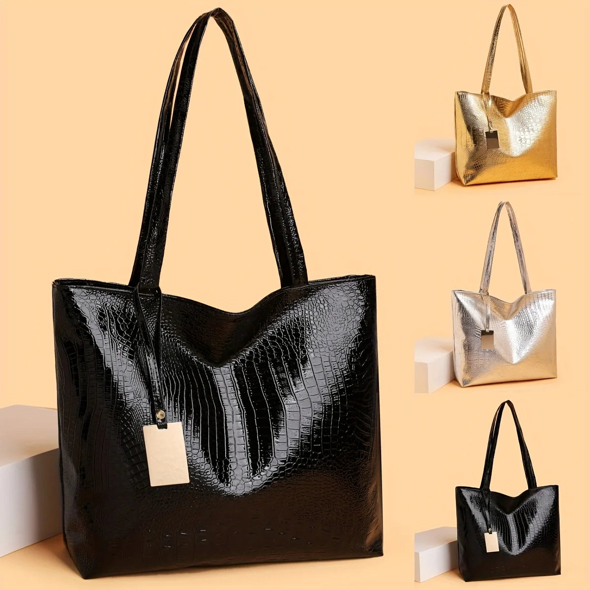 Vintage Women's Tote Bag, Large Capacity Handbag Shoulder Bag with Zipper Closure, Metallic Finish Handbags for Work, Parties