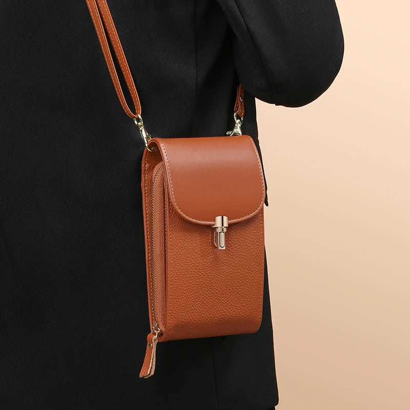 Genuine leather phone bag, crossbody bag, shoulder bag with 8 card slots, ID evidence slot, zipper pocket, lychee patterned cowh