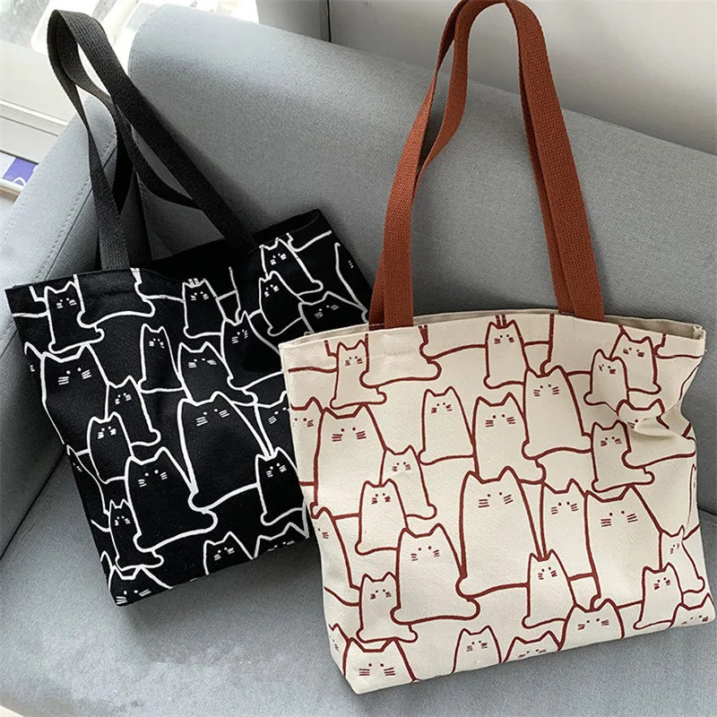 Canvas Handbag For Women 2023 Fashion Cute Cat Tote Messenger Bags With Zipper Designer Bag Ladies Cartoon Shoulder Shopper Bags