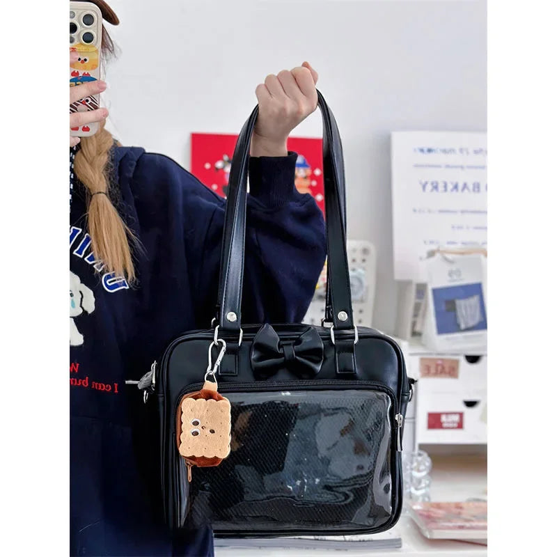 Japanese Style Kawaii PU Leather Itabag Women Transparent Pocket Bowknot Lolita Shoulder Bag Tote Handbags Women Ita Bag JK Girl