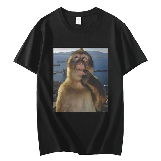 Men's Funny Thinking Monkey Meme T-shirt Casual Graphics Women Cotton Tee Loose Short Sleeve Tops Streetwear Unisex All-season