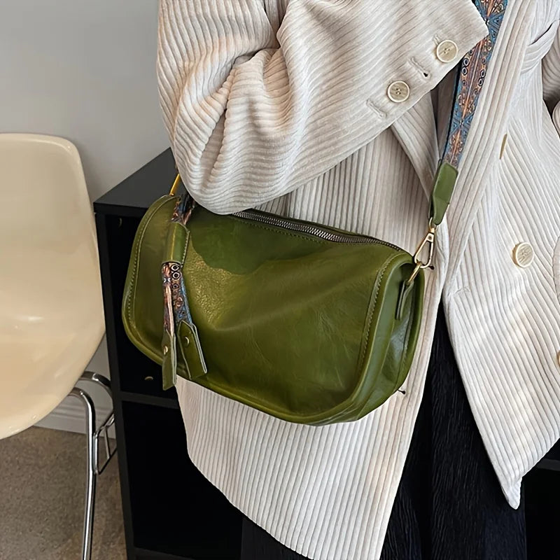 Graphic Pattern Zipper Crossbody Bag, Stylish Leather Shoulder Bag with Wide Strap Large Capacity Daily Purse Designer Hobos Bag