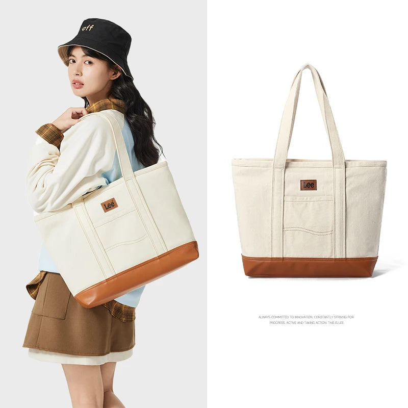 LEE Unisex Utility Canvas Leather Zipper Tote Bag Casual Denim Daily Shopping Handbag Women Man Durable Student School Book Bag