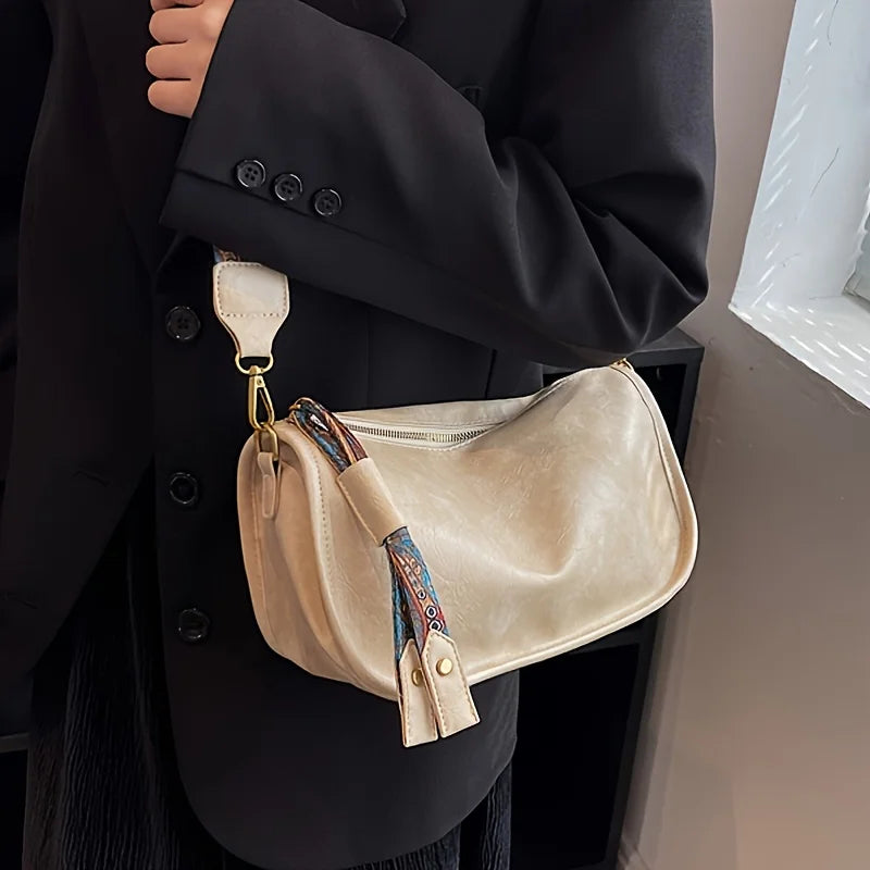 Graphic Pattern Zipper Crossbody Bag, Stylish Leather Shoulder Bag with Wide Strap Large Capacity Daily Purse Designer Hobos Bag