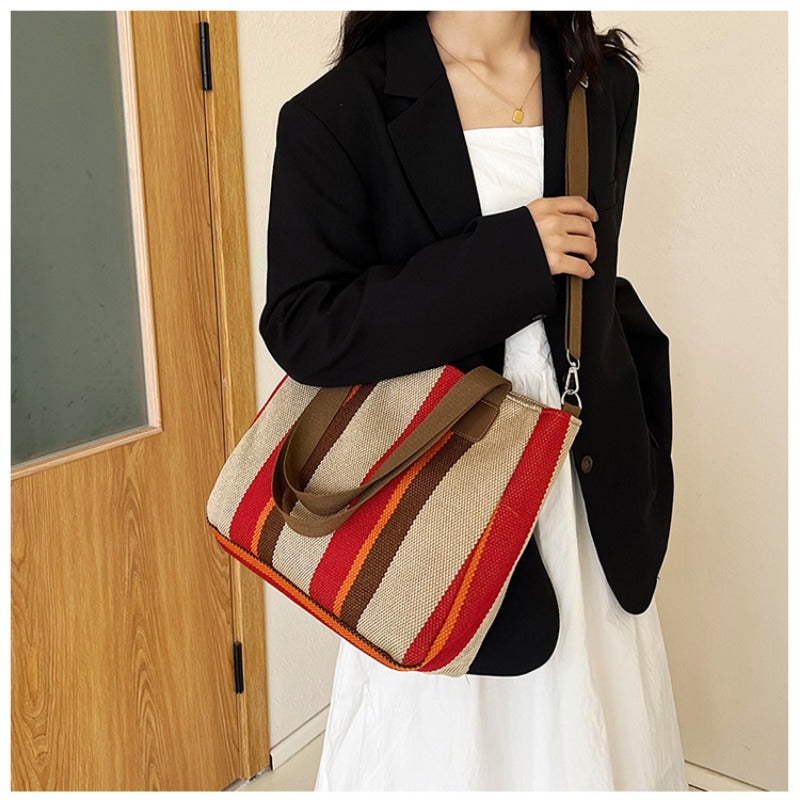 Large Tote Bag for women's Striped Crossbody Canvas Bag 2023 New Trendy Versatile Class Commuting Shoulder Bag