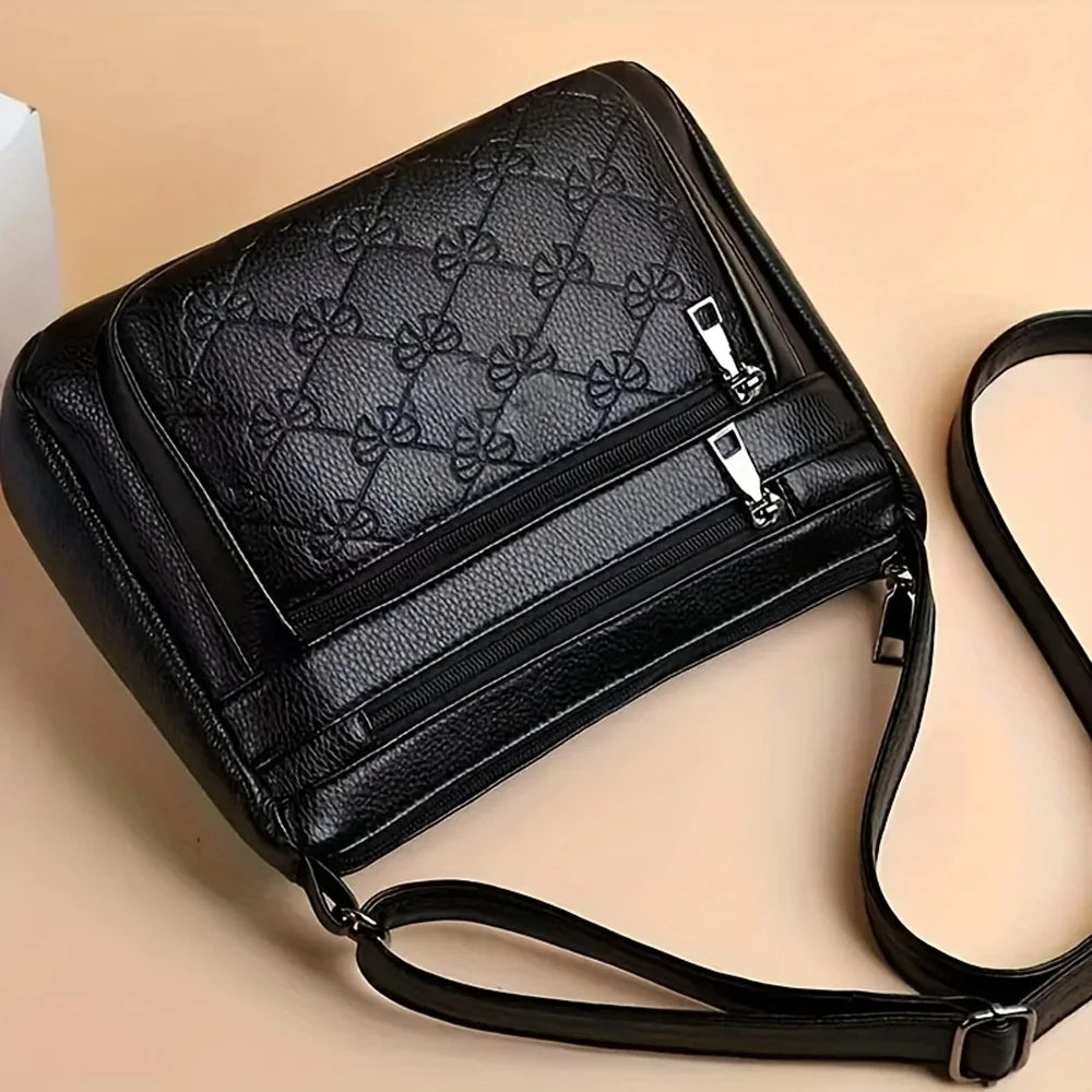 Women's Crossbody Fashion Pu Leather Large Capacity Multi-Pocket Mom Bag Black Embossed Outing Party Shoulder Bag