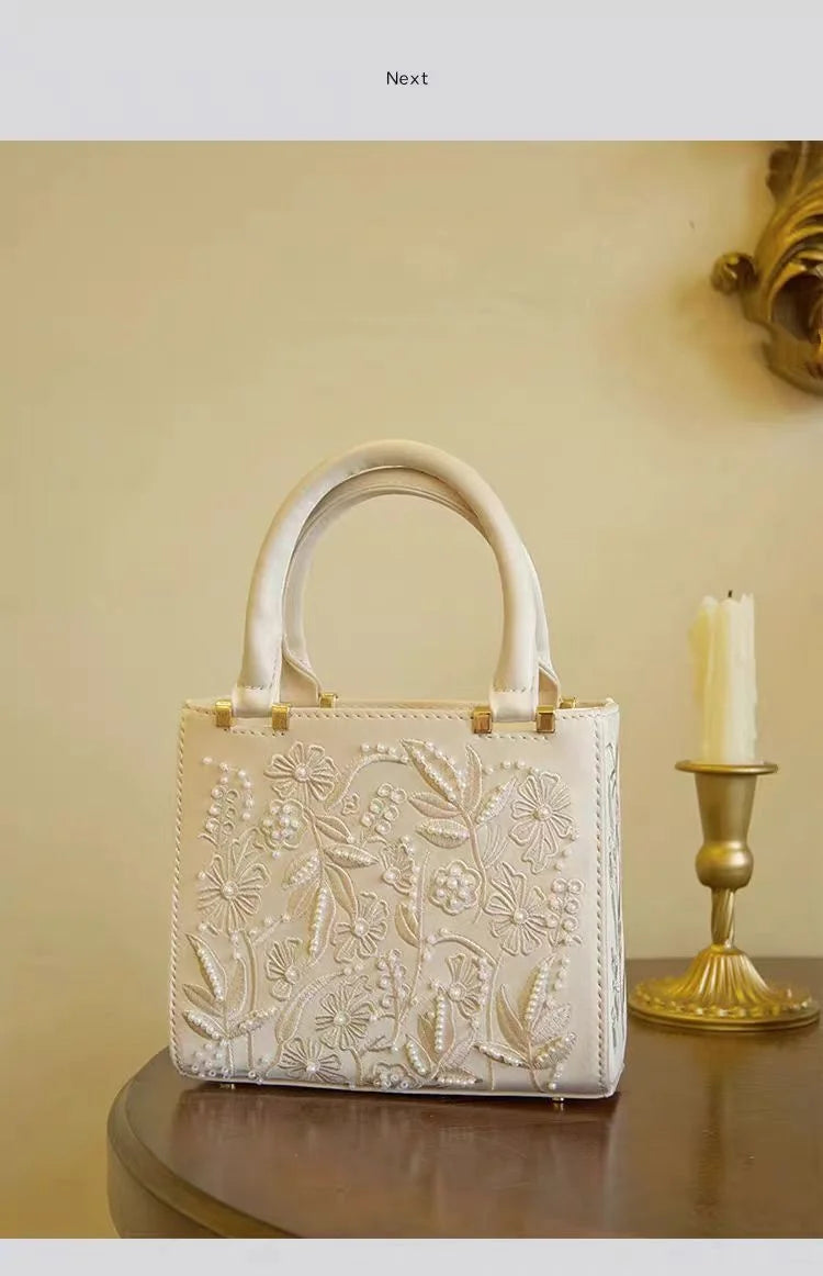 Elegant Soft Pearl Embroidery Fashion Handbag Silk Cheongsam Evening Clutch Chain Shoulder Bag Urban Minimalist Style Tote Chic
