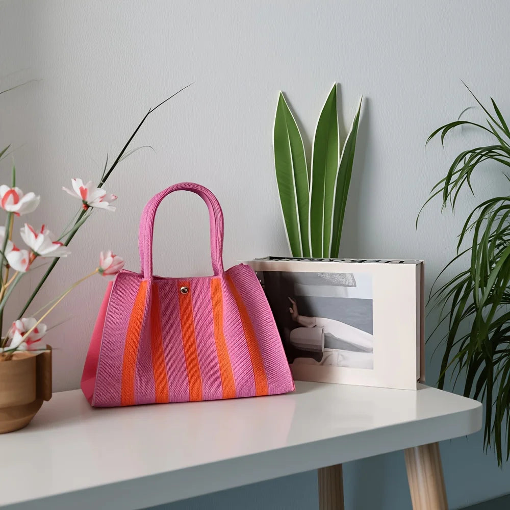 New color-blocking knitted stripe design tote bag, large capacity handbag for women's commute