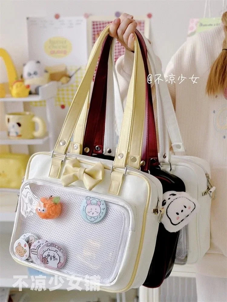 Japanese Style Kawaii PU Leather Itabag Women Transparent Pocket Bowknot Lolita Shoulder Bag Tote Handbags Women Ita Bag JK Girl
