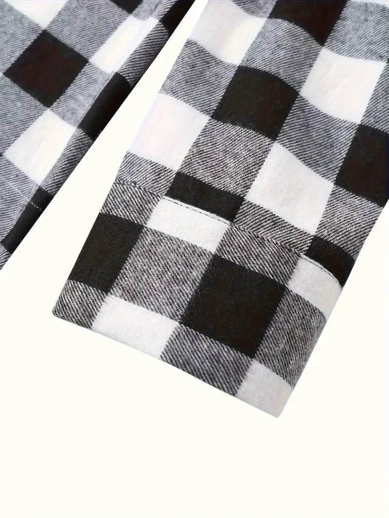 Men's Plaid Flannel Hooded Shirt, Long Sleeve Button Down Hoodie Jacket with Chest Pockets Casual Streetwear Tops