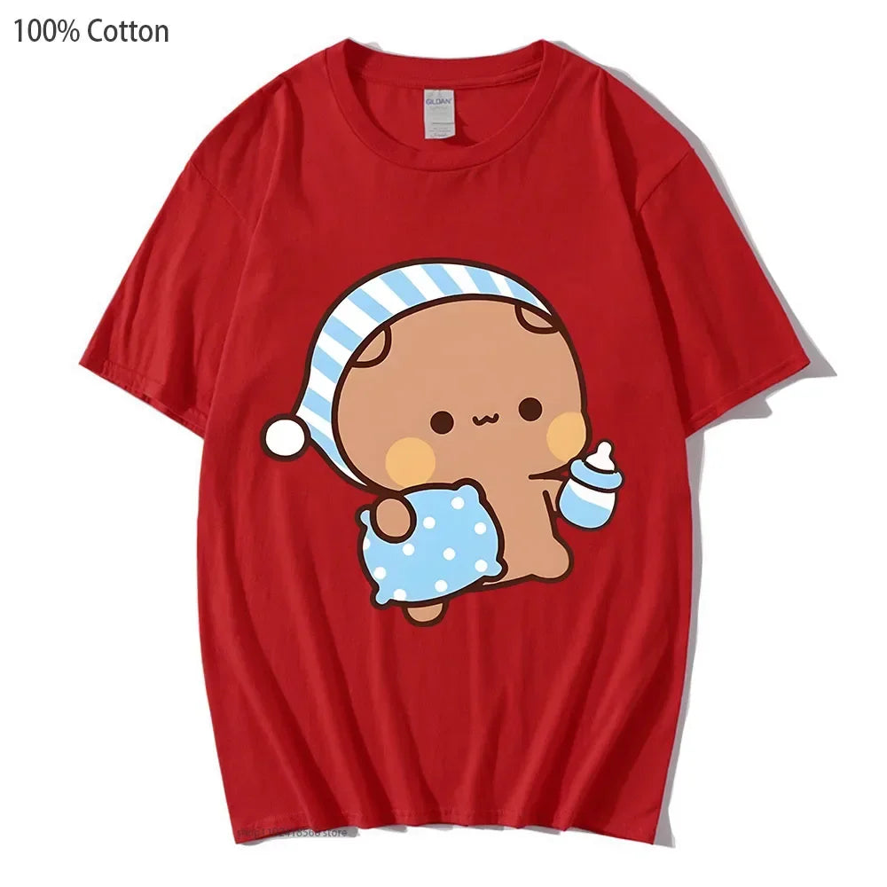 Couple Shirts Kawaii Cute BuBu Panda Going To Sleep with DuDu Bear Graphic Tshirt Cotton Men Women Clothes Long Sleeve Tees