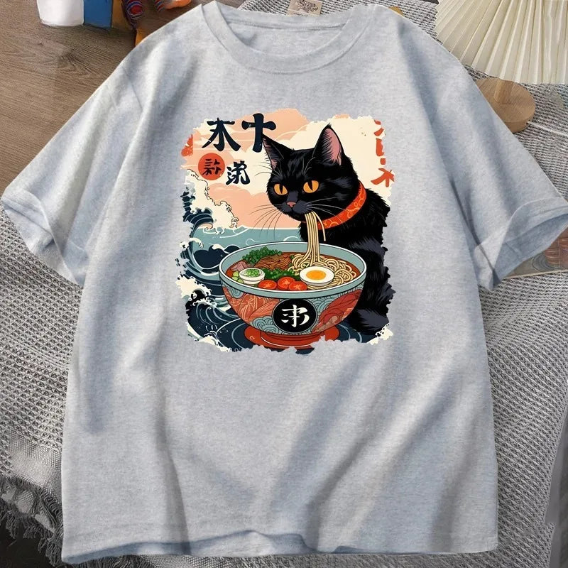 Kawaii Cat Anime Tshirt Ramen Japanese Funny Graphic Tee Kawaii Noodle Cat Tee Shirt Women Short Sleeve T-shirt Harajuku Clothes