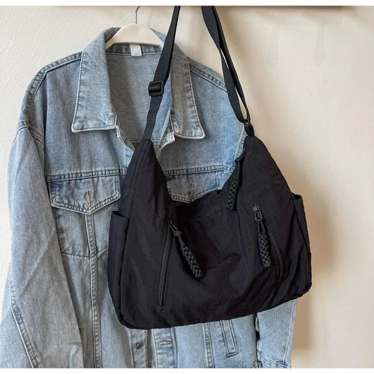 Summer Women Solid Color Shoulder Bag Fashion Lightweight Versatile Travel Crossbody Bag Commuter Nylon Large Capacity Hobo Bag