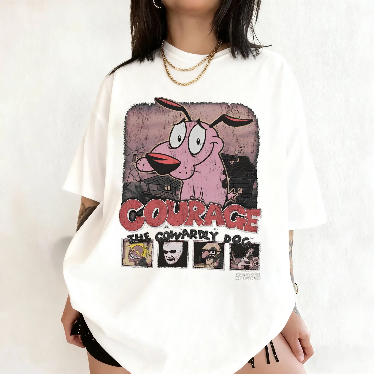 Vintage Courage The Cowardly Dog Cartoon Print Short Sleeve T-Shirt Retro Unisex Graphic Tee 90s Nostalgia Summer Streetwear Tee