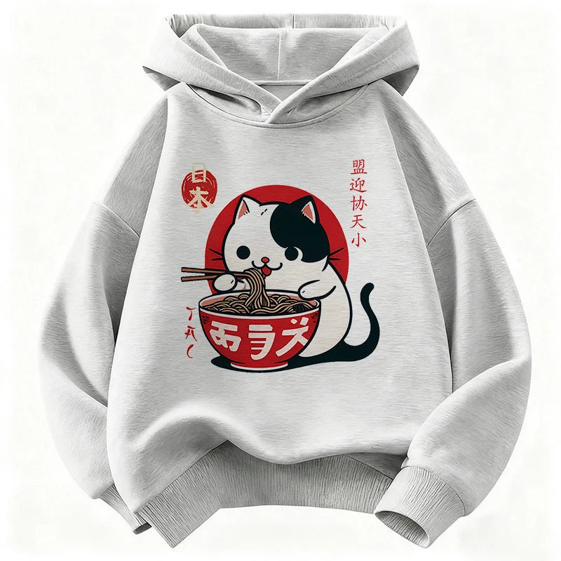 Japanese Style Cat Eat Ramen Hoodie Manga Kids Cat Children's Sweatshirt Cute Hoody for Boys Girls Casual Hoodies Spring