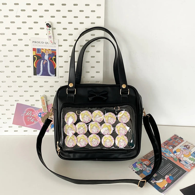 Japanese Style Kawaii PU Leather Itabag Women Transparent Pocket Bowknot Lolita Shoulder Bag Tote Handbags Women Ita Bag JK Girl