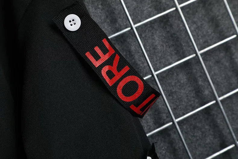 Autumn  Men's Casual Hoodie Sweatshirt Techwear Hip Hop Harajuku Style with Ribbons Patchwork Japanese Streetwear Darkwear